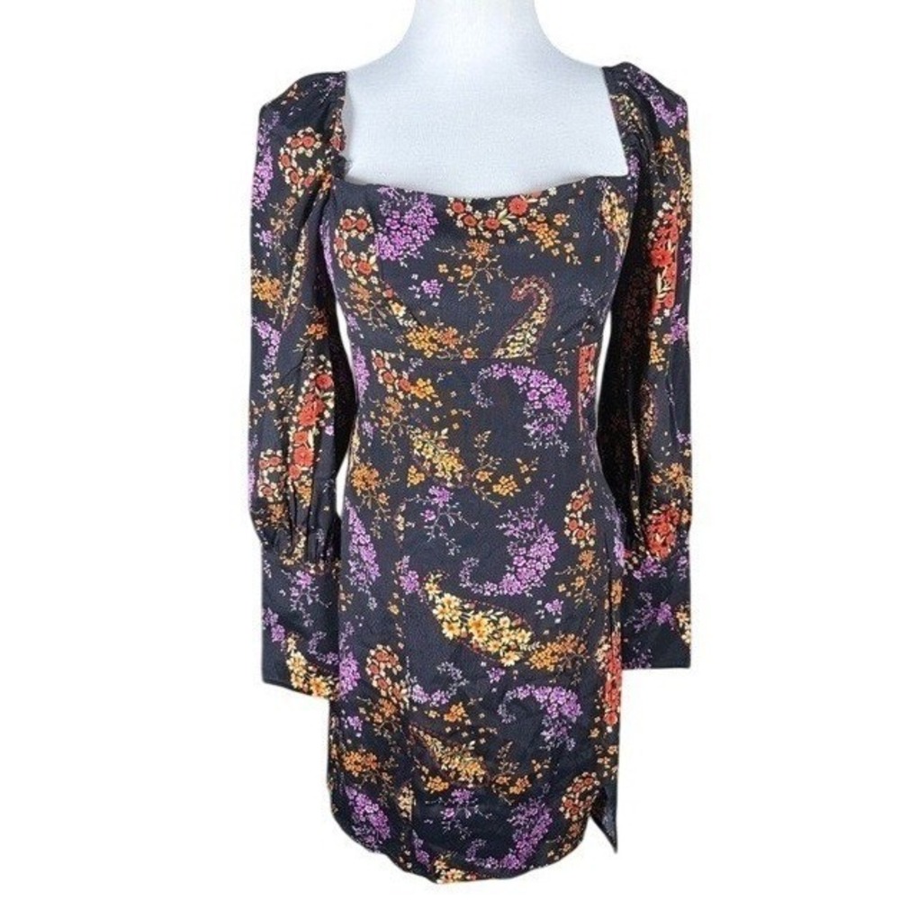 Forever 21 Dress Womens S Mini Black Floral Paisley Square Neck Open‎ Back Tie